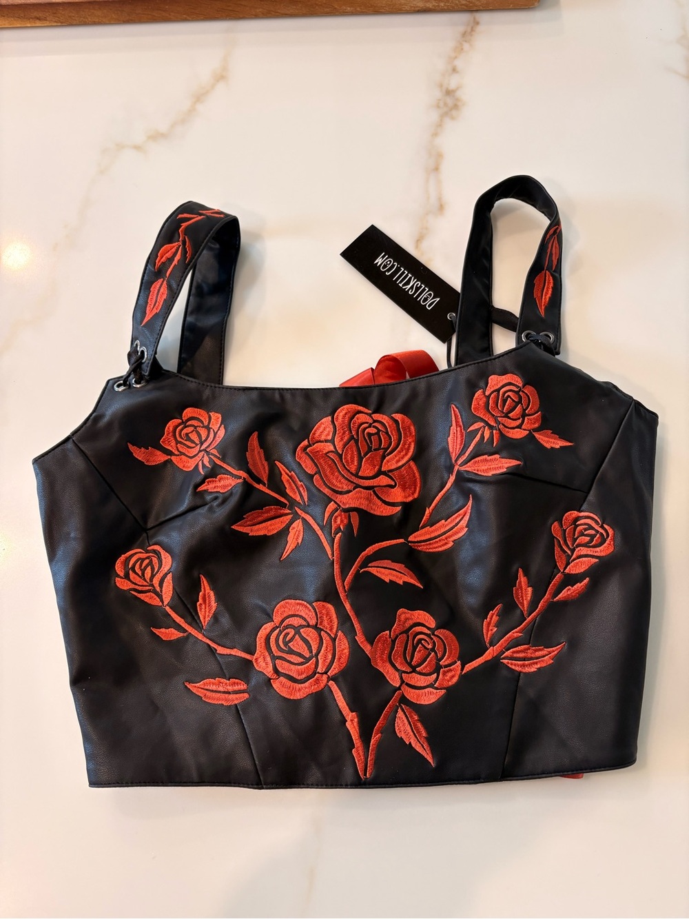 Current Mood Black and red floral corset with Red Lace-Up Detail